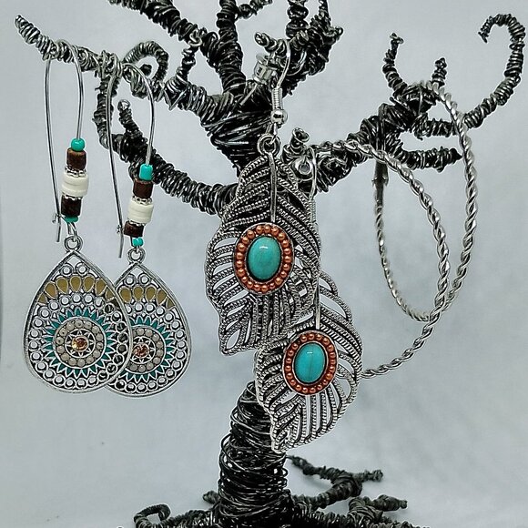 SALE! 3 PAIRS BOHO EARRINGS, Silvery, Faux Turquoise BLUE BUNNY'S BOHO BAUBLES - Picture 3 of 9